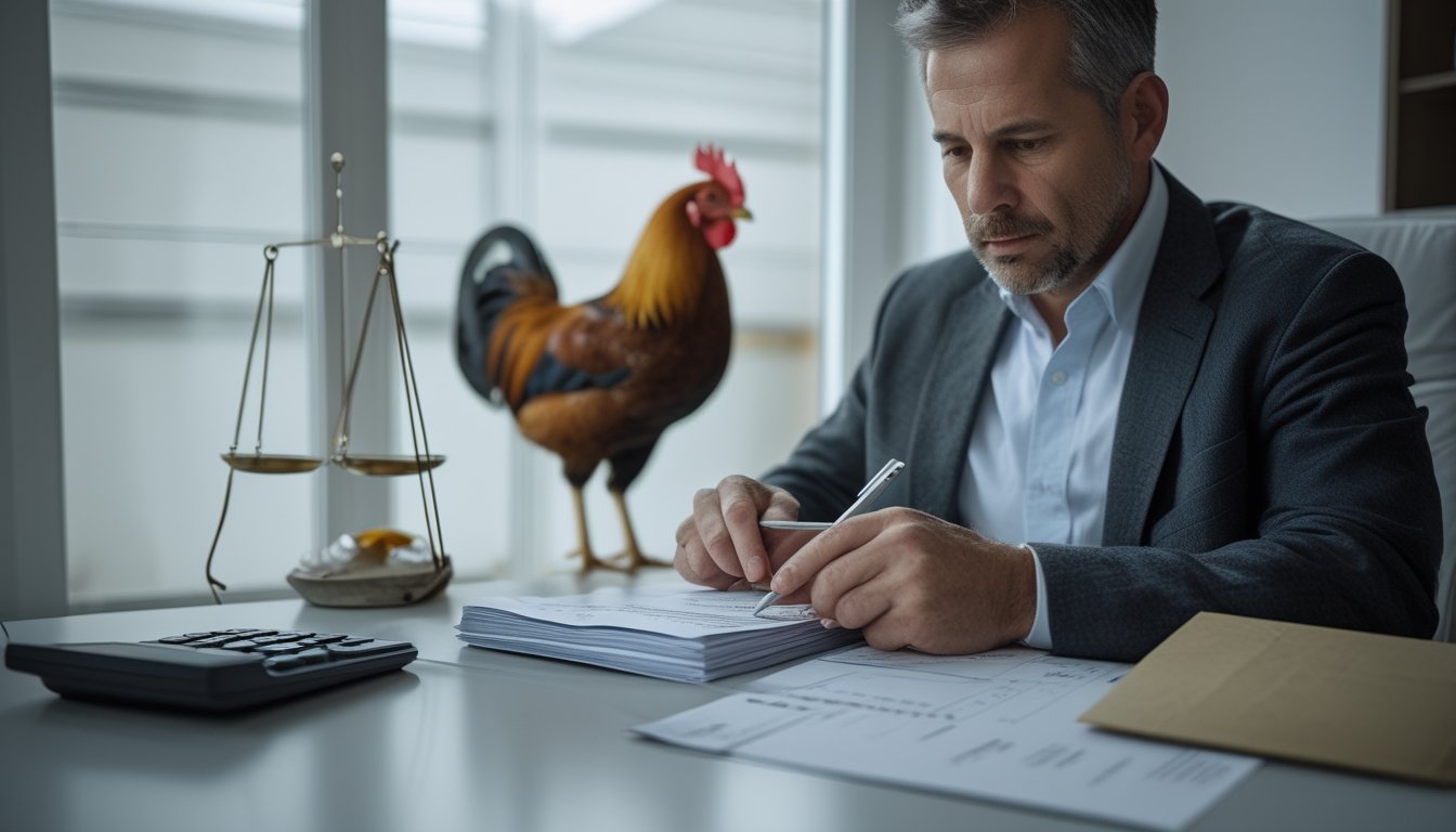 Seseorang meninjau catatan keuangan di meja, sementara seekor ayam jantan berada di kandang yang aman.