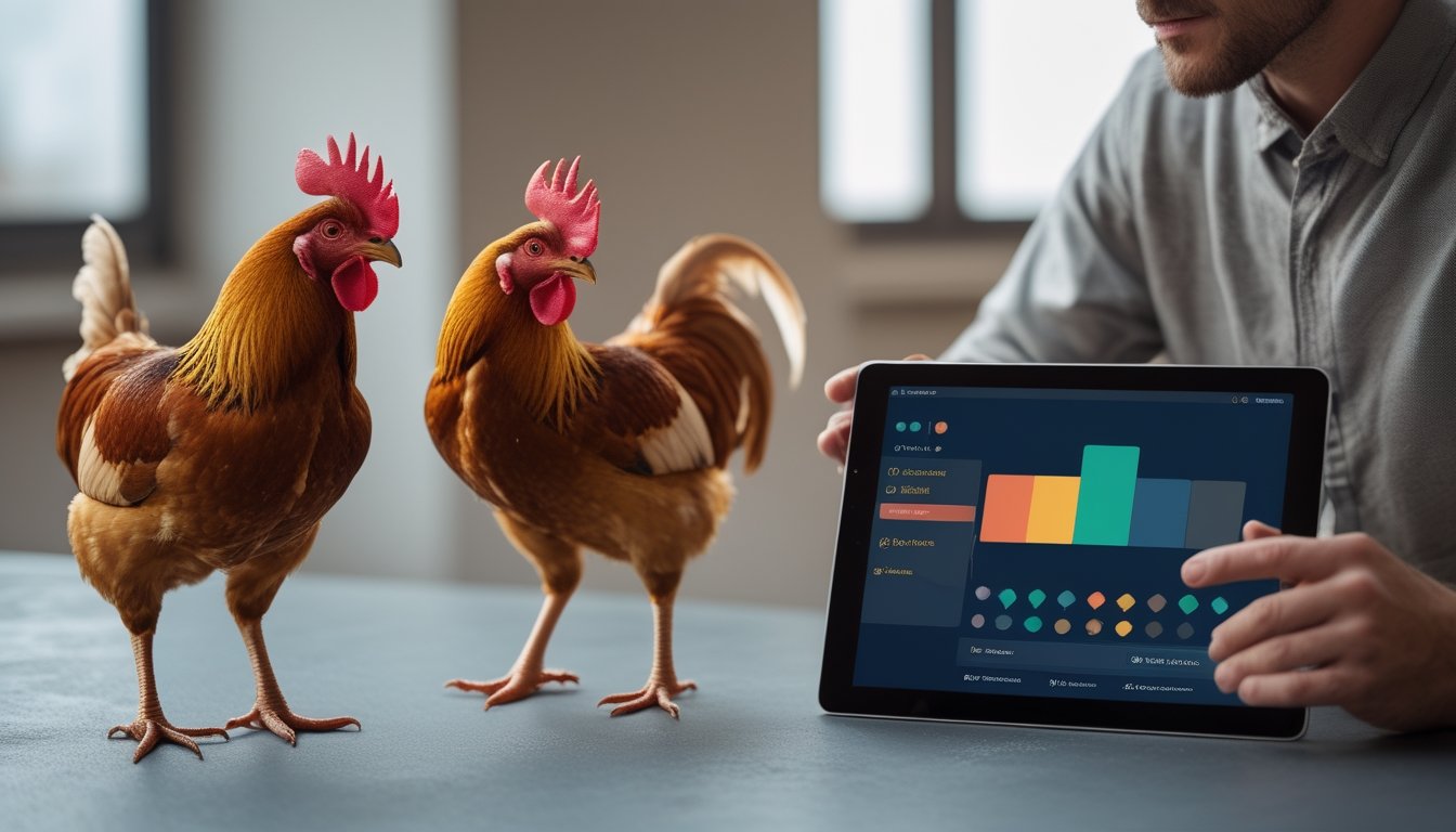 Dua ayam jantan berdiri terpisah di dekat seseorang yang melihat tablet.