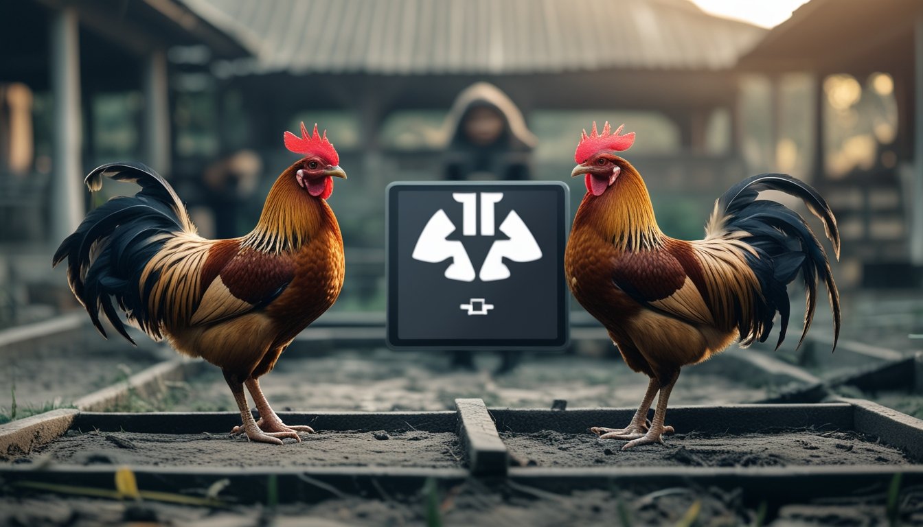 Dua ayam jantan berdiri terpisah di halaman, sementara seseorang melihat tablet di latar belakang.