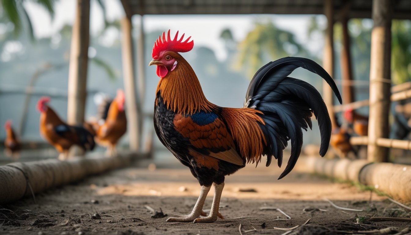 Seekor ayam jantan Filipina berdiri tegap di dalam kandang dengan beberapa ayam dan tanaman hijau di latar belakang.