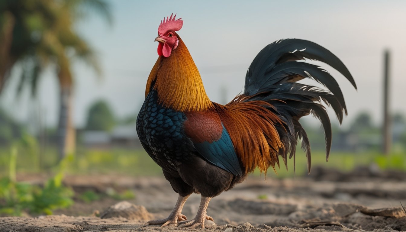 Seekor ayam jantan Filipina berdiri tegap di lingkungan peternakan.