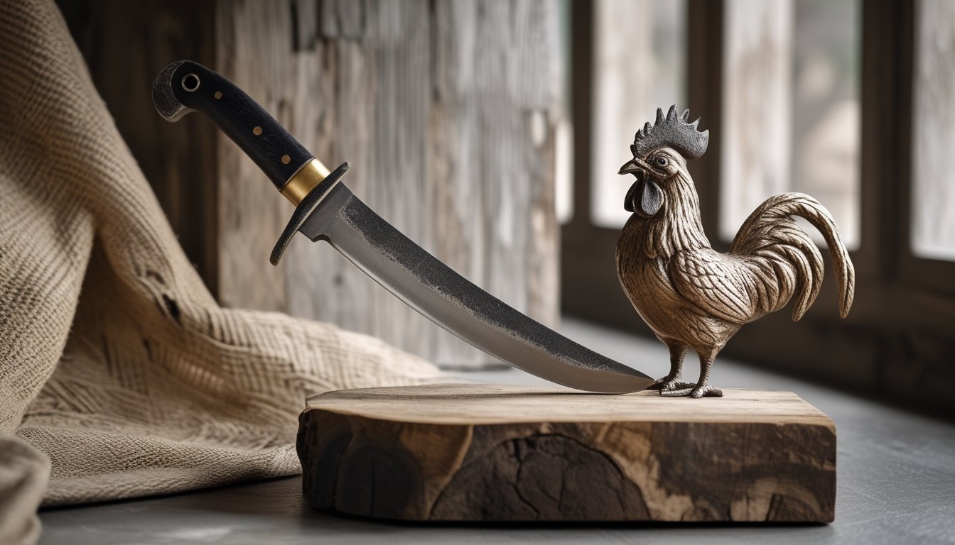 Pisau taji melengkung dipajang di atas kayu di samping figur ayam.