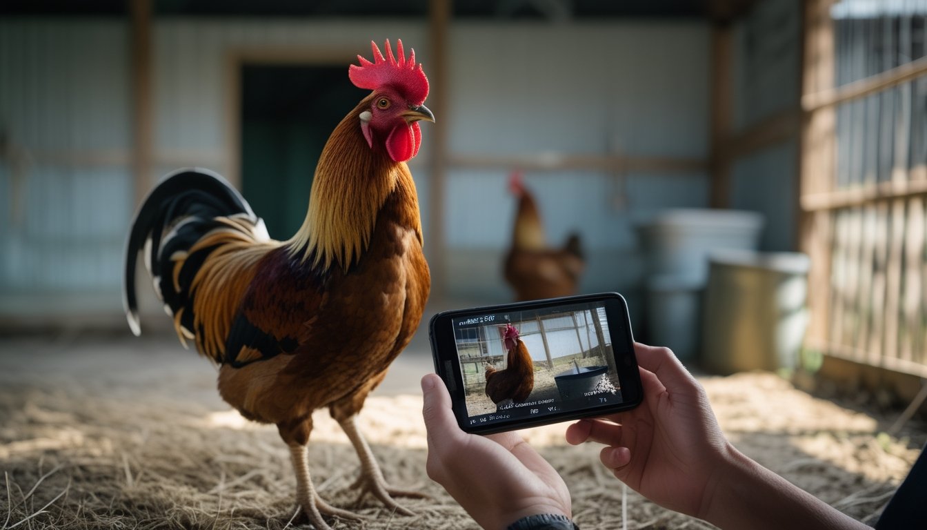 Seekor ayam jantan berdiri di kandang bersih sementara seseorang mengamatinya melalui panggilan video di ponsel.