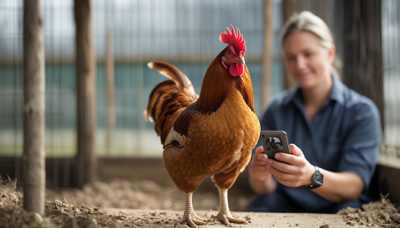Ayam jantan sehat berdiri di kandang bersih sementara seseorang mengamatinya melalui ponsel.