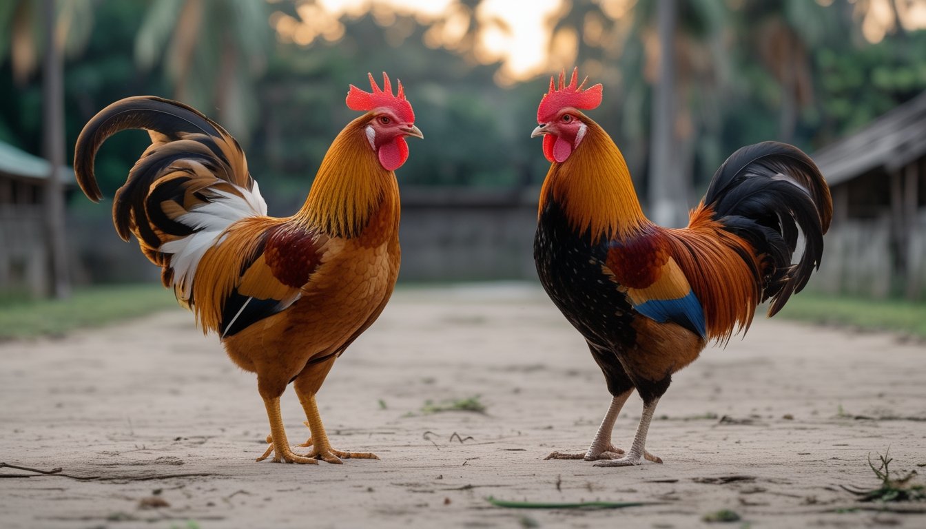 Seekor ayam Bangkok dan seekor ayam Filipina berdiri saling berhadapan di halaman peternakan.