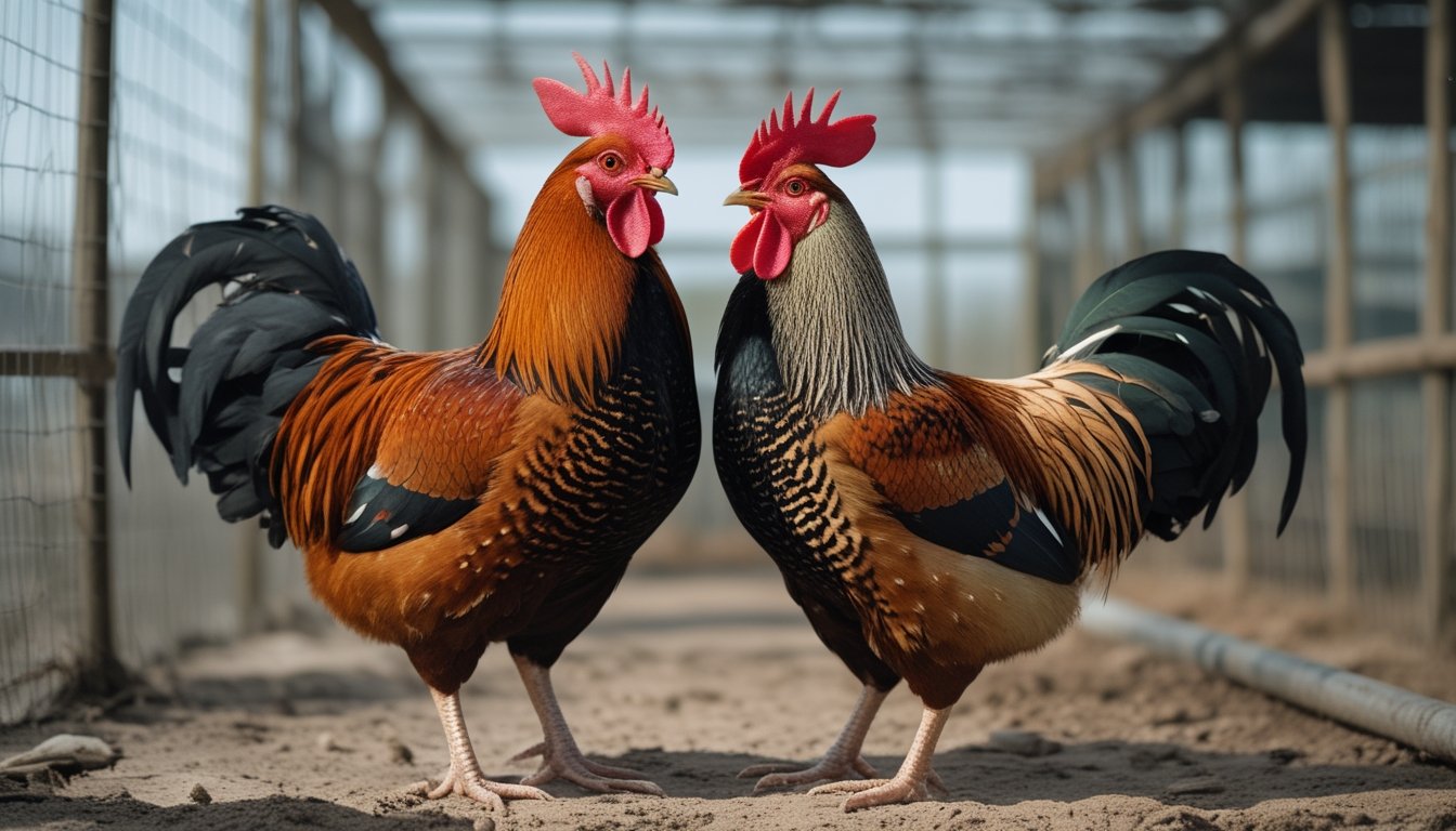 Seekor ayam Bangkok dan seekor ayam Filipina berdiri berdampingan di kandang terbuka.