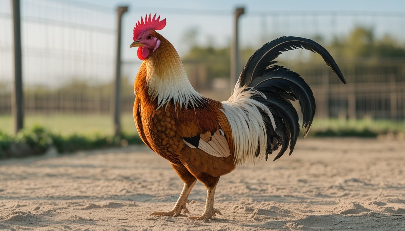 Seekor ayam jantan yang sehat berdiri tegap di halaman tanah.
