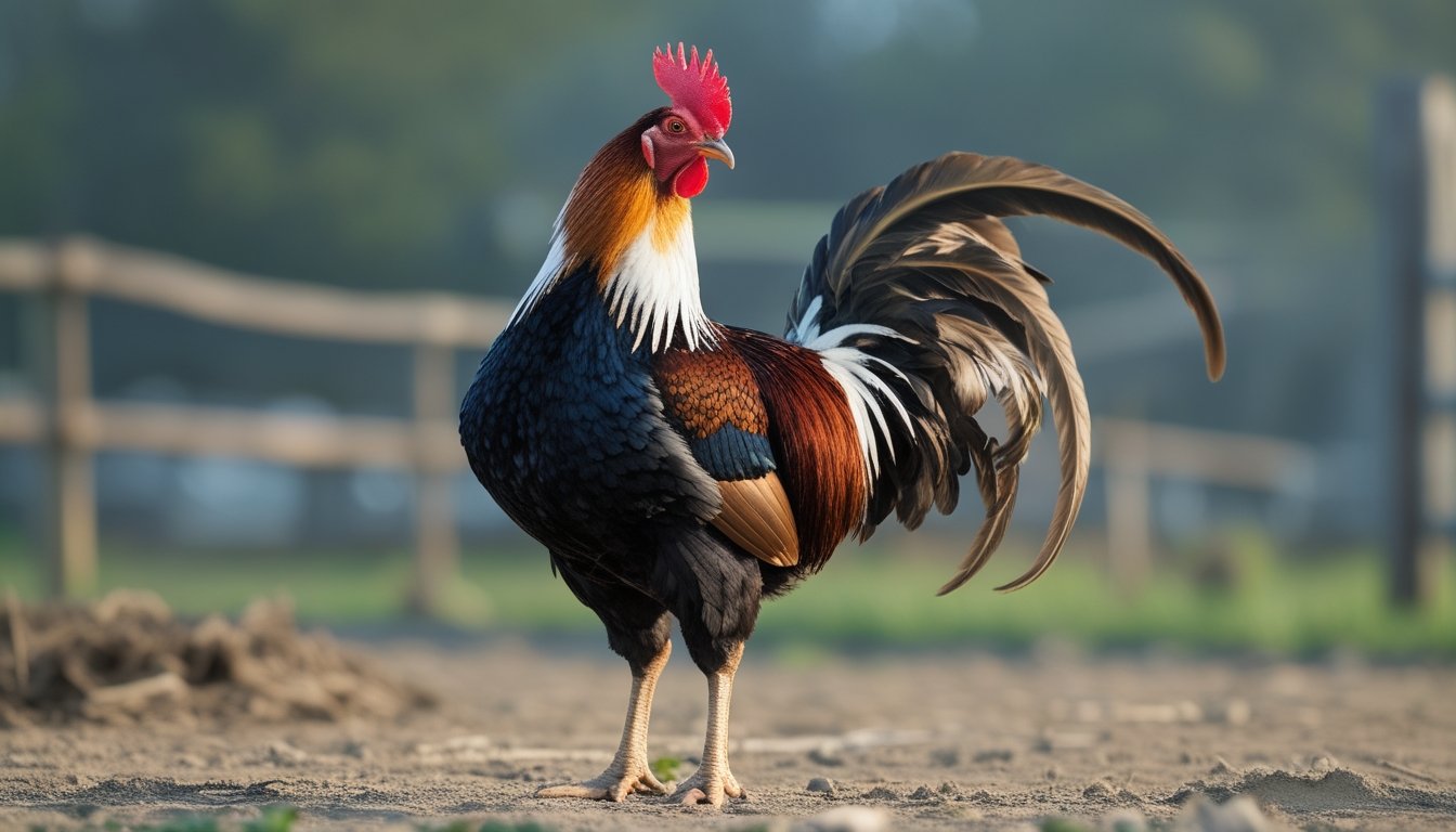 Seekor ayam jantan berdiri tegap dan tampak sehat di halaman terbuka.