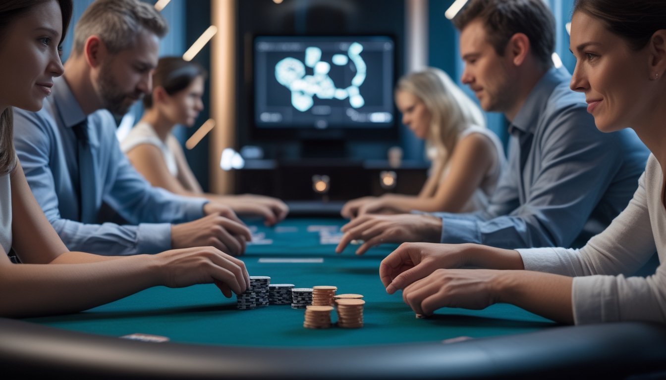 Beberapa orang dewasa bermain poker di meja dengan kartu dan tumpukan keping.