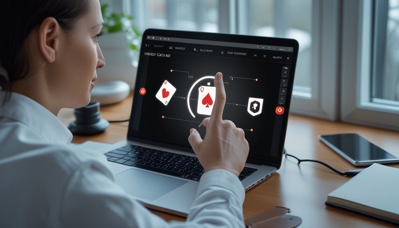Seseorang memeriksa antarmuka poker daring di laptop dari meja kerja.