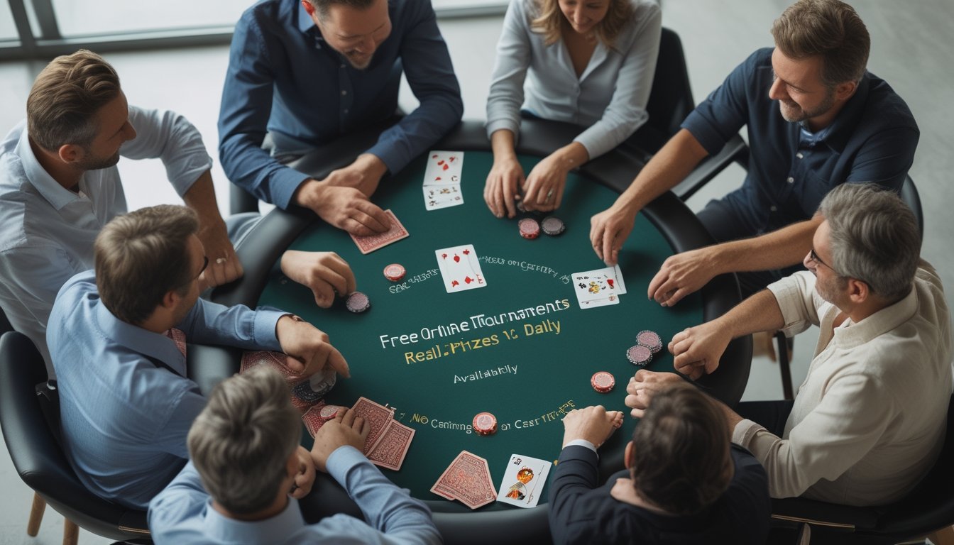 Beberapa orang bermain poker dengan kartu, keping poker, dan uang tunai di atas meja.