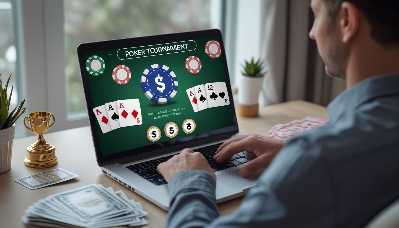 Seseorang mengikuti turnamen poker daring gratis melalui laptop dengan kartu dan keping poker di meja.