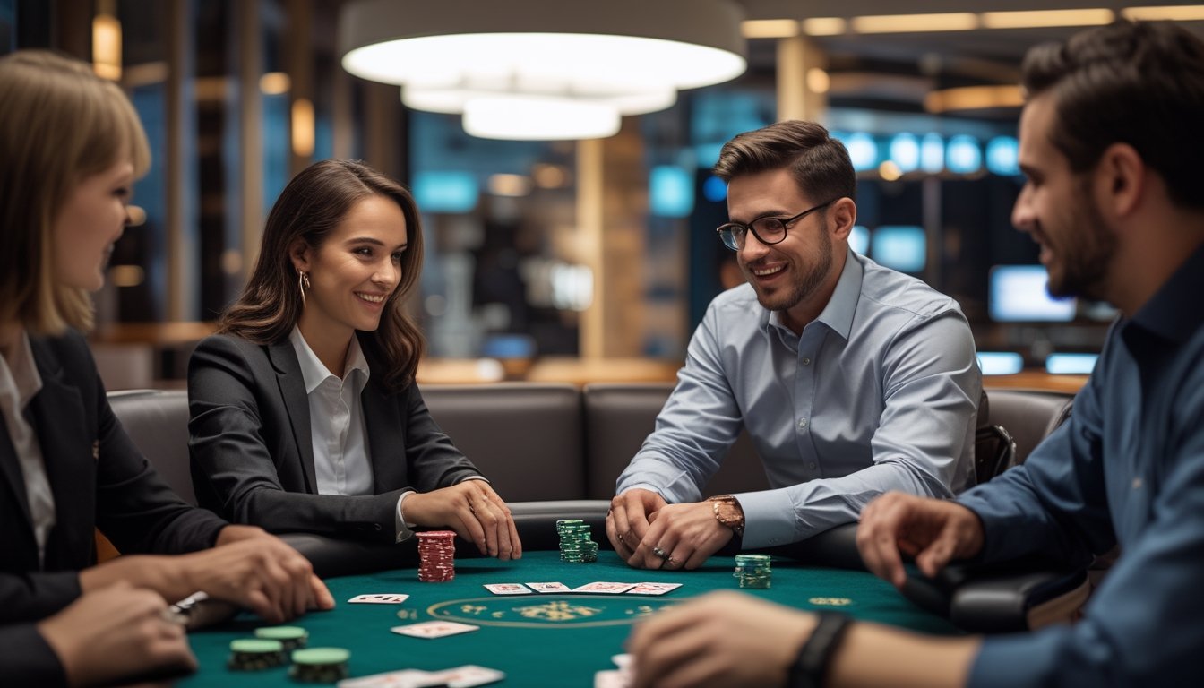 Seorang bandar membagikan kartu kepada beberapa pemain di meja poker.