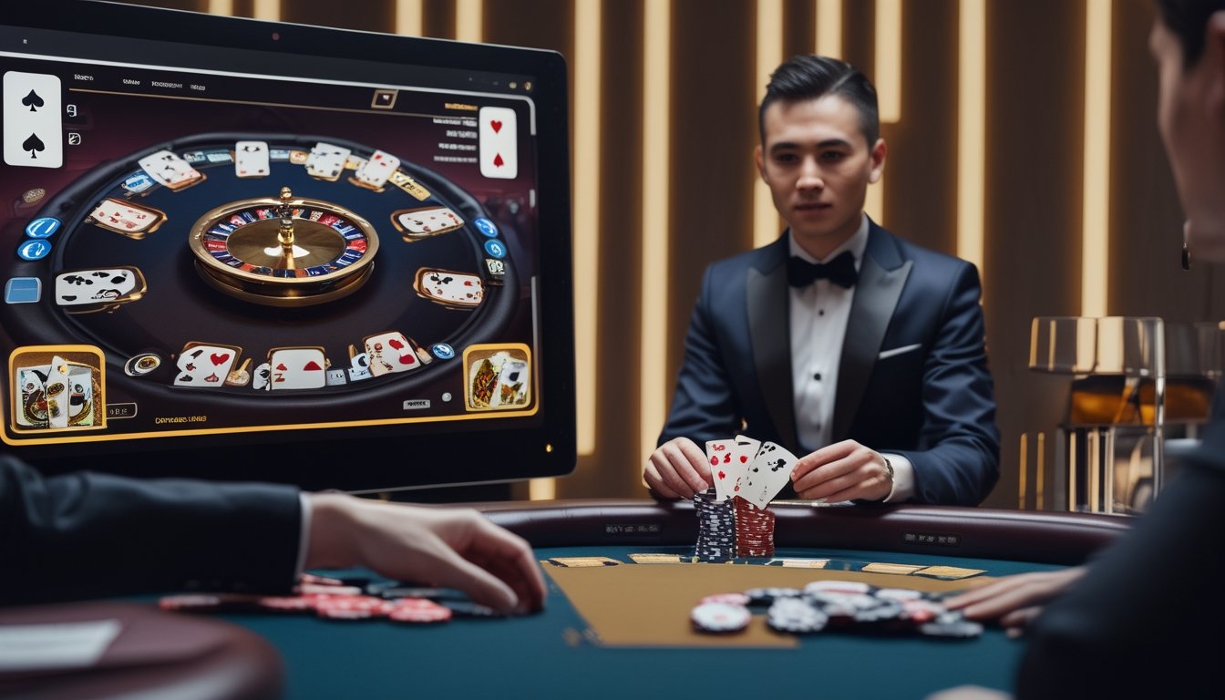 Pemain poker melihat dealer langsung melalui layar di samping meja dengan kartu dan keping poker.