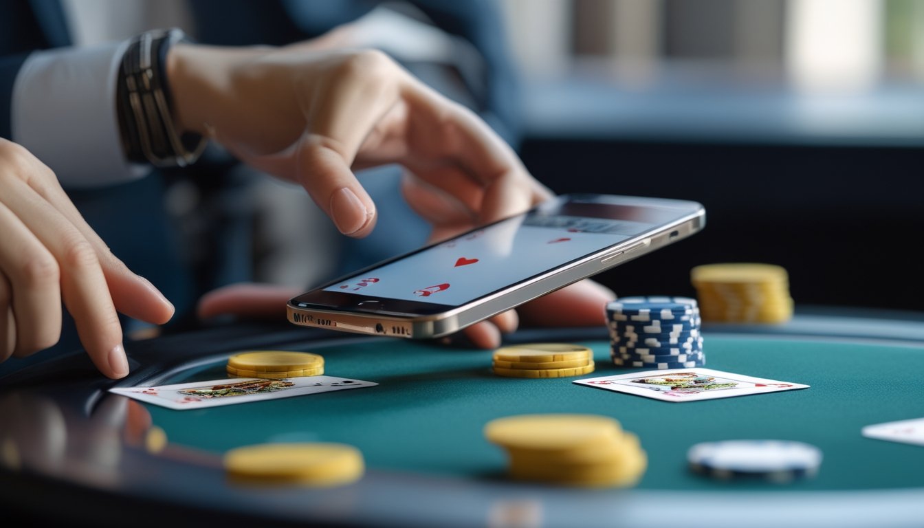 Seseorang memegang ponsel yang menampilkan kartu dan chip poker.