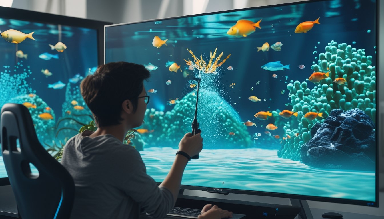 Seseorang memainkan permainan tembak ikan dengan latar dunia bawah laut penuh ikan berwarna-warni.