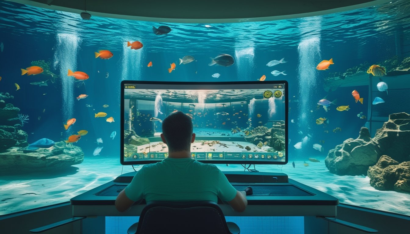 Seorang pemain melihat layar permainan dengan ikan berwarna-warni di bawah laut.