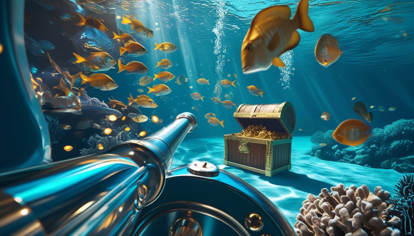 Ikan tropis berenang di sekitar peti harta karun di bawah laut.