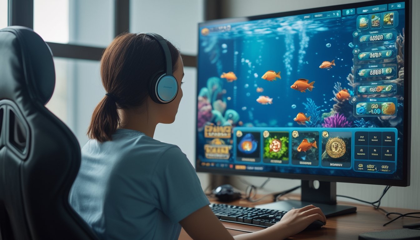 Seseorang memainkan game tembak ikan bertema bawah laut di komputer.