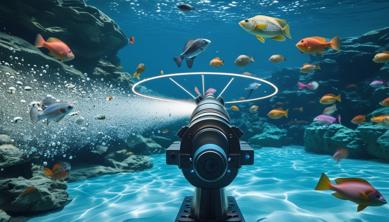 Meriam permainan bawah laut mengarah ke kawanan ikan berwarna-warni dengan beragam efek cahaya.