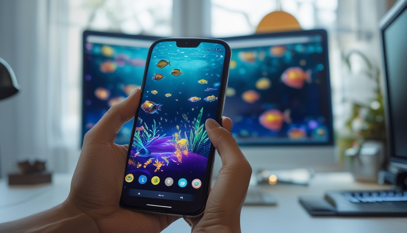 Seorang pria bermain gim tembak ikan di ponsel Android, dengan komputer di meja belakangnya.