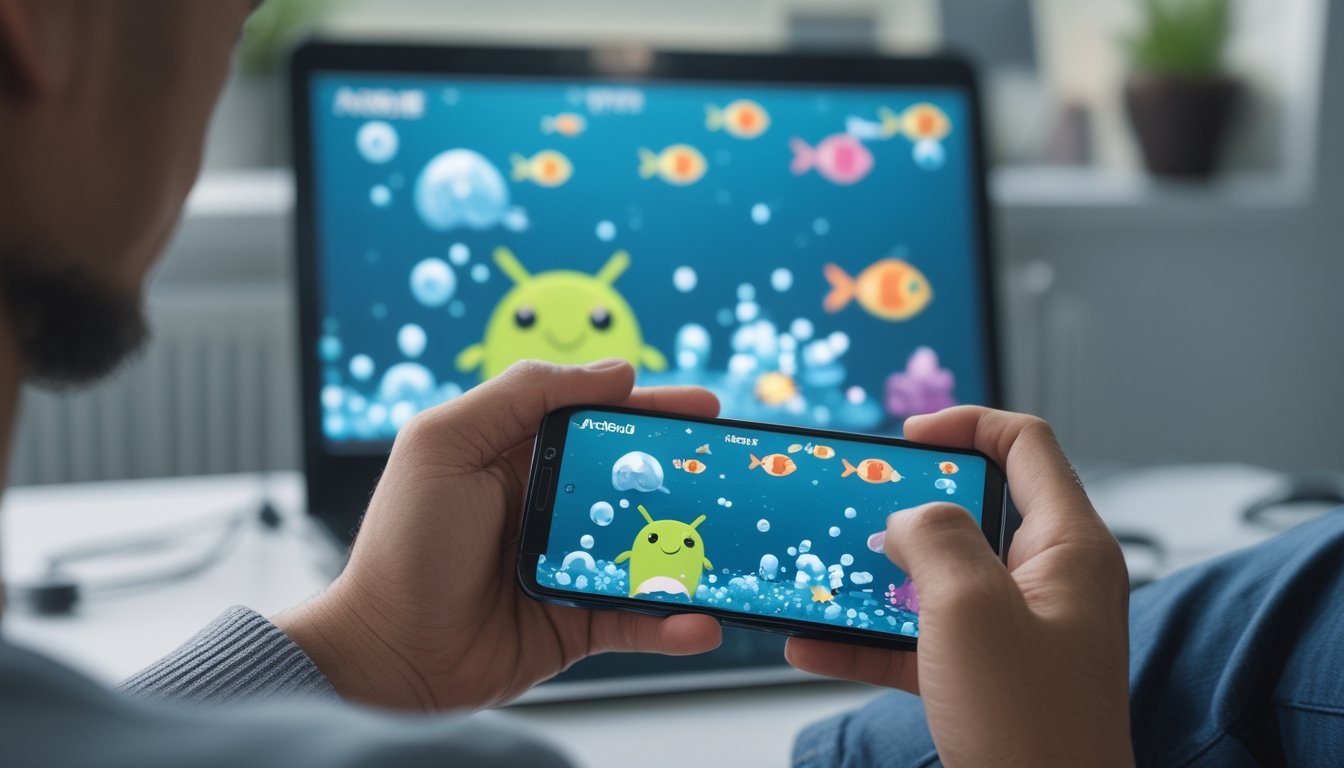 Seseorang memainkan permainan tembak ikan di ponsel Android dengan komputer di latar belakang.