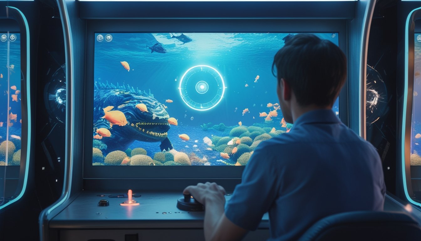 Seseorang memainkan permainan tembak ikan dengan bidikan yang mengunci monster laut di layar.