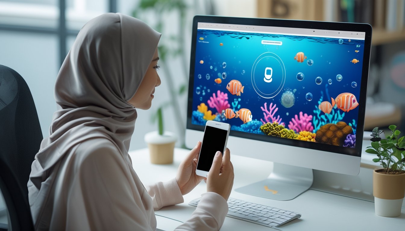 Seseorang menggunakan ponsel untuk mendaftar permainan tembak ikan, dengan laptop menampilkan suasana bawah laut.