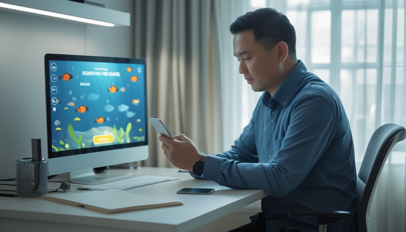 Seseorang memeriksa ponsel di meja dengan laptop dan perlengkapan catatan.