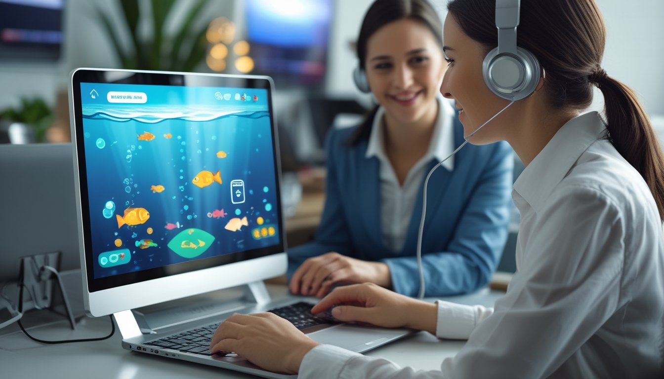 Petugas layanan pelanggan membantu pengguna memainkan permainan tembak ikan melalui laptop.
