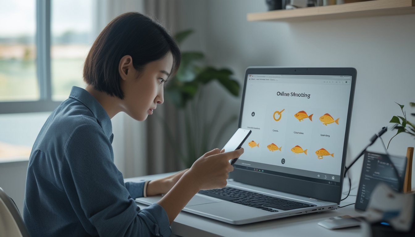 Seseorang memeriksa platform permainan ikan di laptop sambil memegang ponsel.