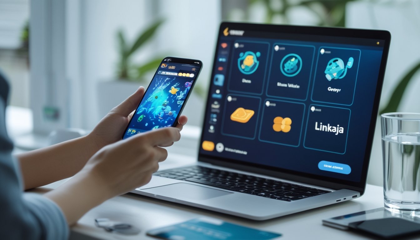 Seseorang memilih metode pembayaran digital di dekat ponsel yang menampilkan permainan tembak ikan.