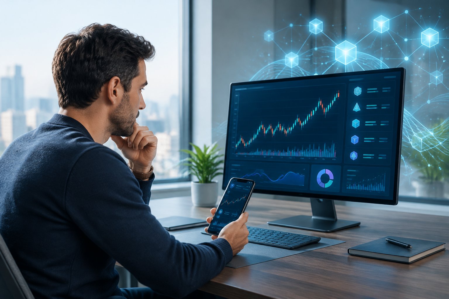 An investor reviews digital asset charts at a desk.