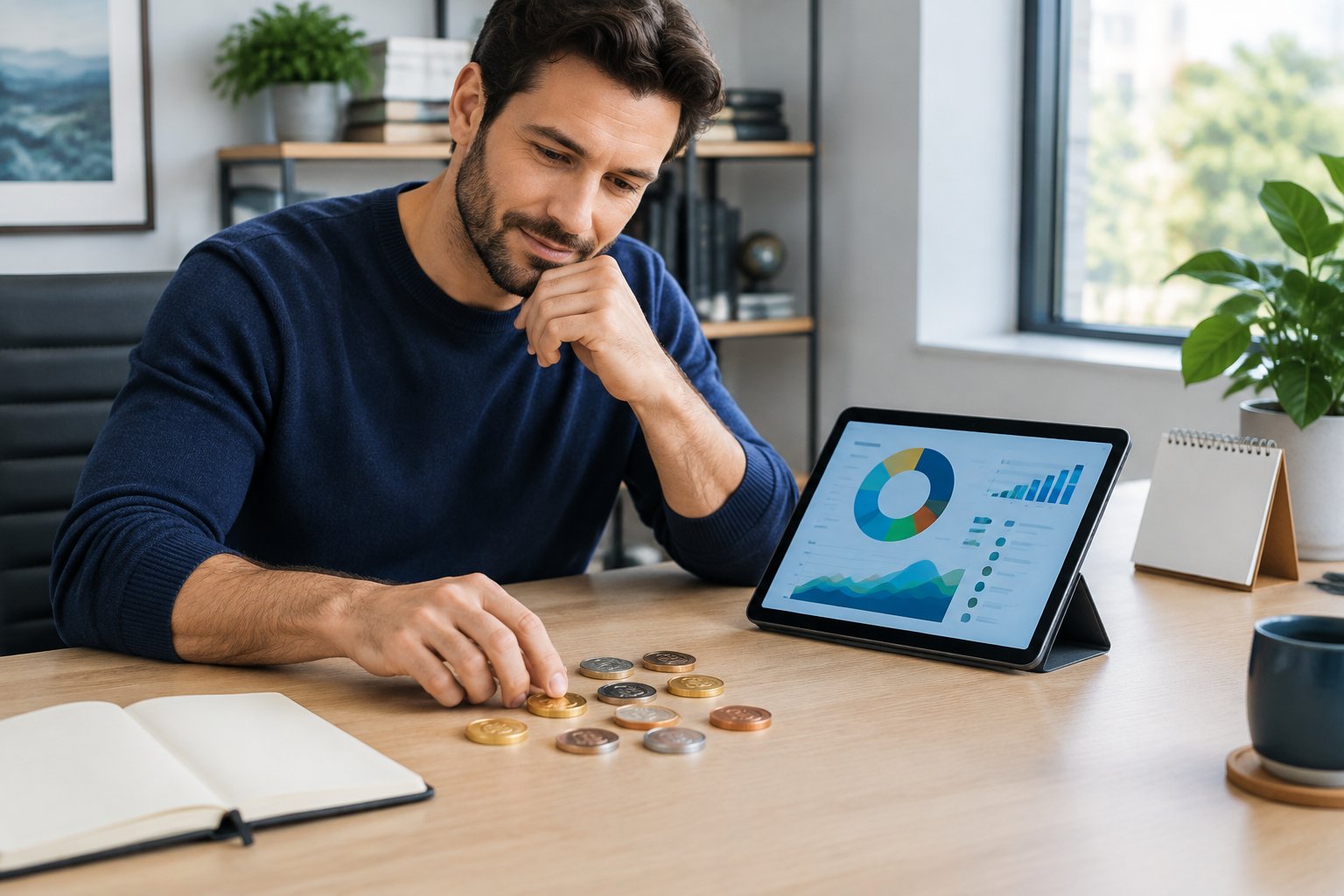 An investor arranges digital-coin tokens beside a tablet showing portfolio charts.