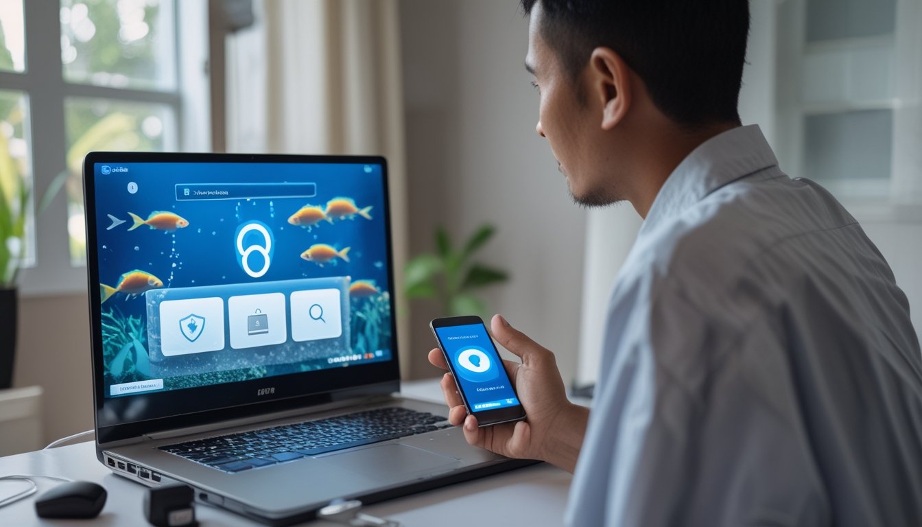 Seseorang memeriksa akun permainan tembak ikan di laptop dan ponsel.