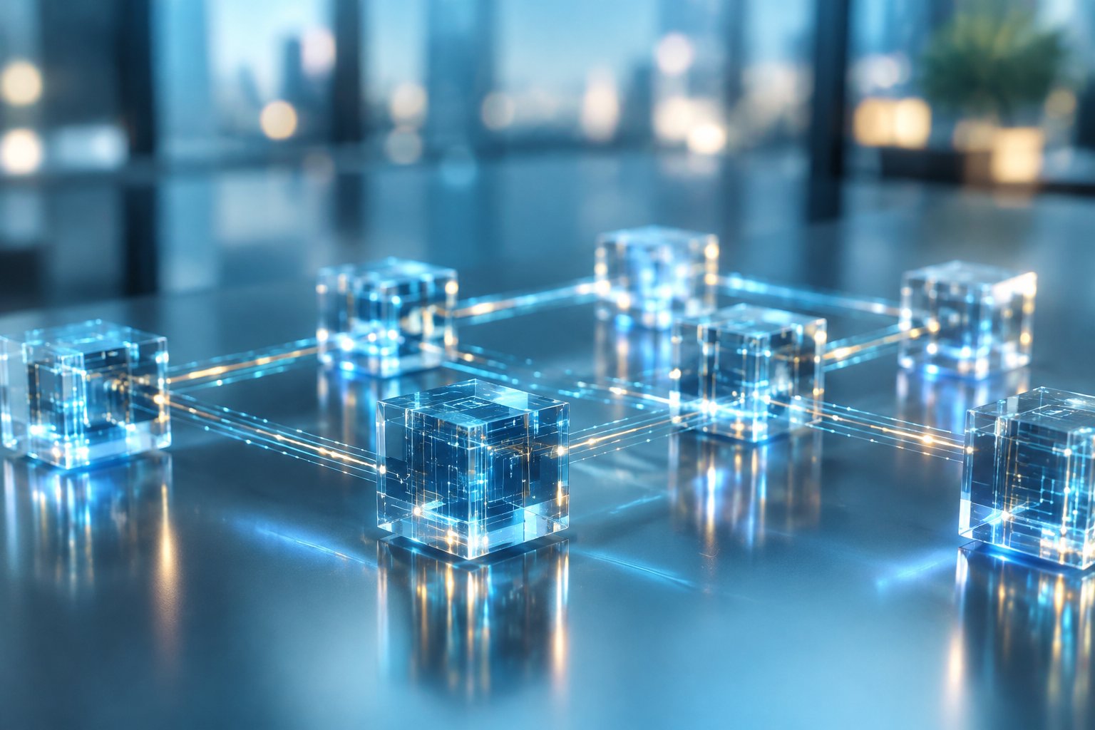 Glowing glass cubes connected in a network on a reflective surface.
