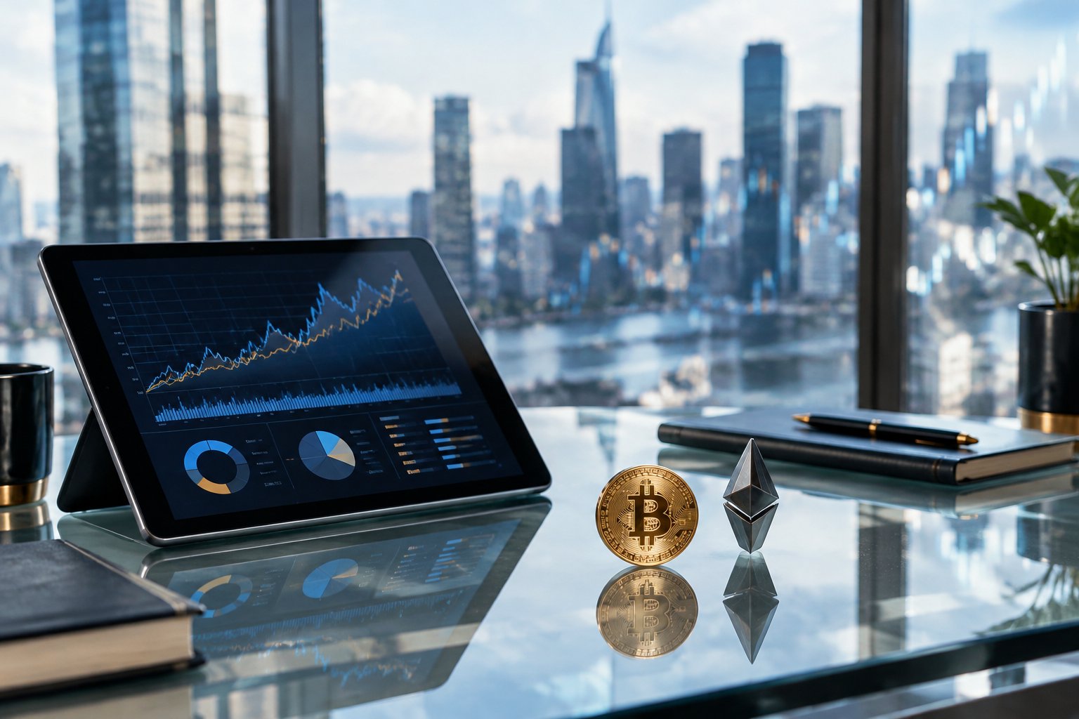 Cryptocurrency coins beside a tablet with market charts in a modern financial workspace.