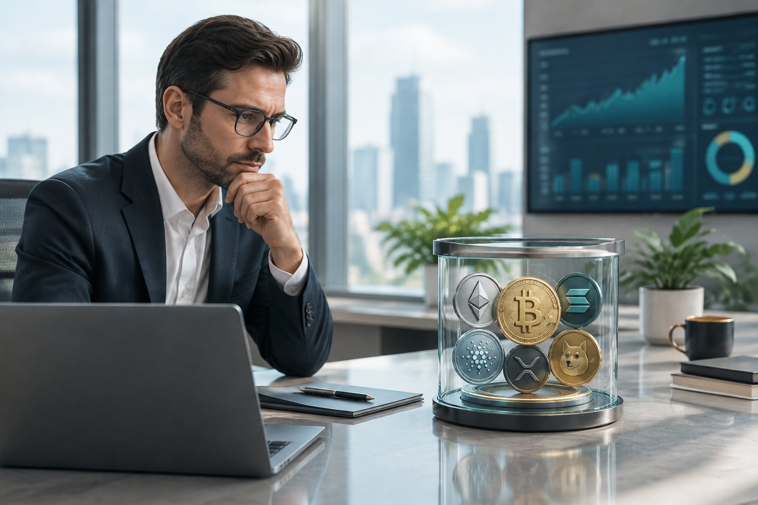 A financial analyst examines a portfolio of cryptocurrency assets grouped into one investment fund.