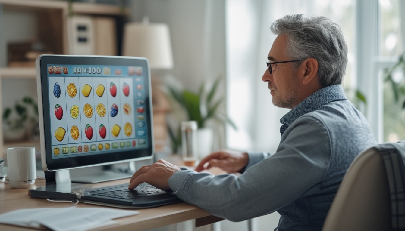 Seseorang dengan tenang melihat permainan slot di laptop.