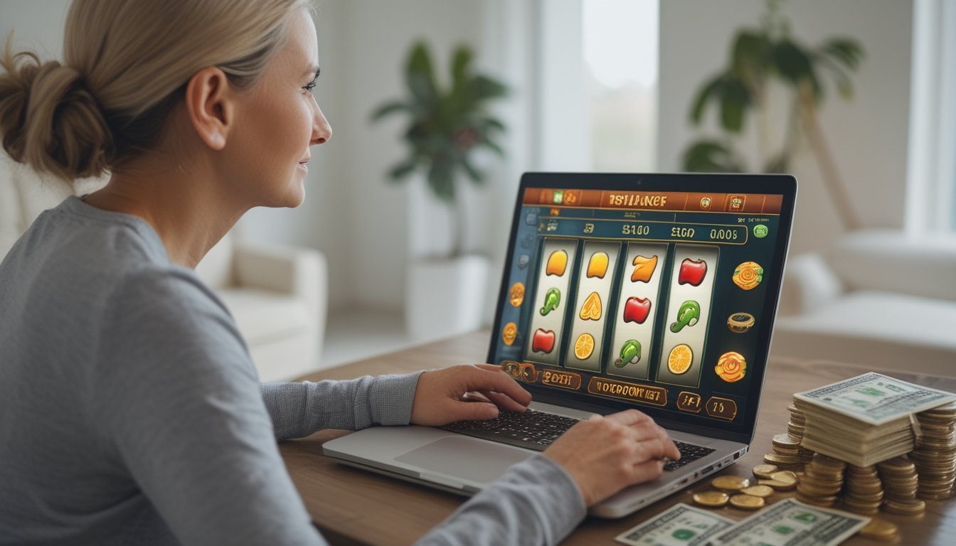 Seseorang bermain slot di laptop dengan suasana tenang dan beberapa koin di meja.