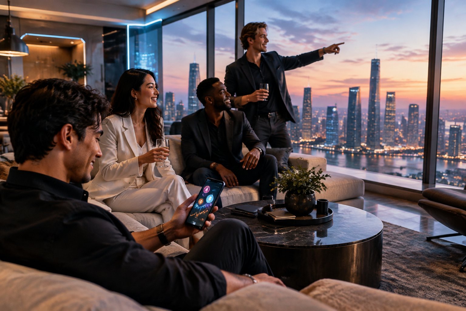 A group of entrepreneurs relaxes in a penthouse overlooking a city, while one person checks a smartphone.