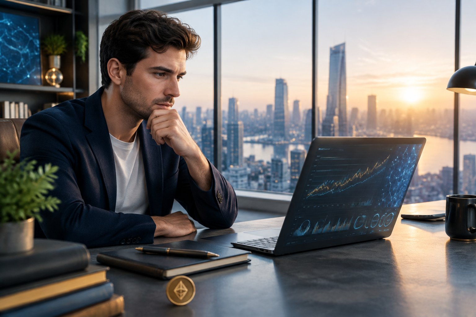 An investor studies a laptop in a modern home office overlooking a city at sunrise.