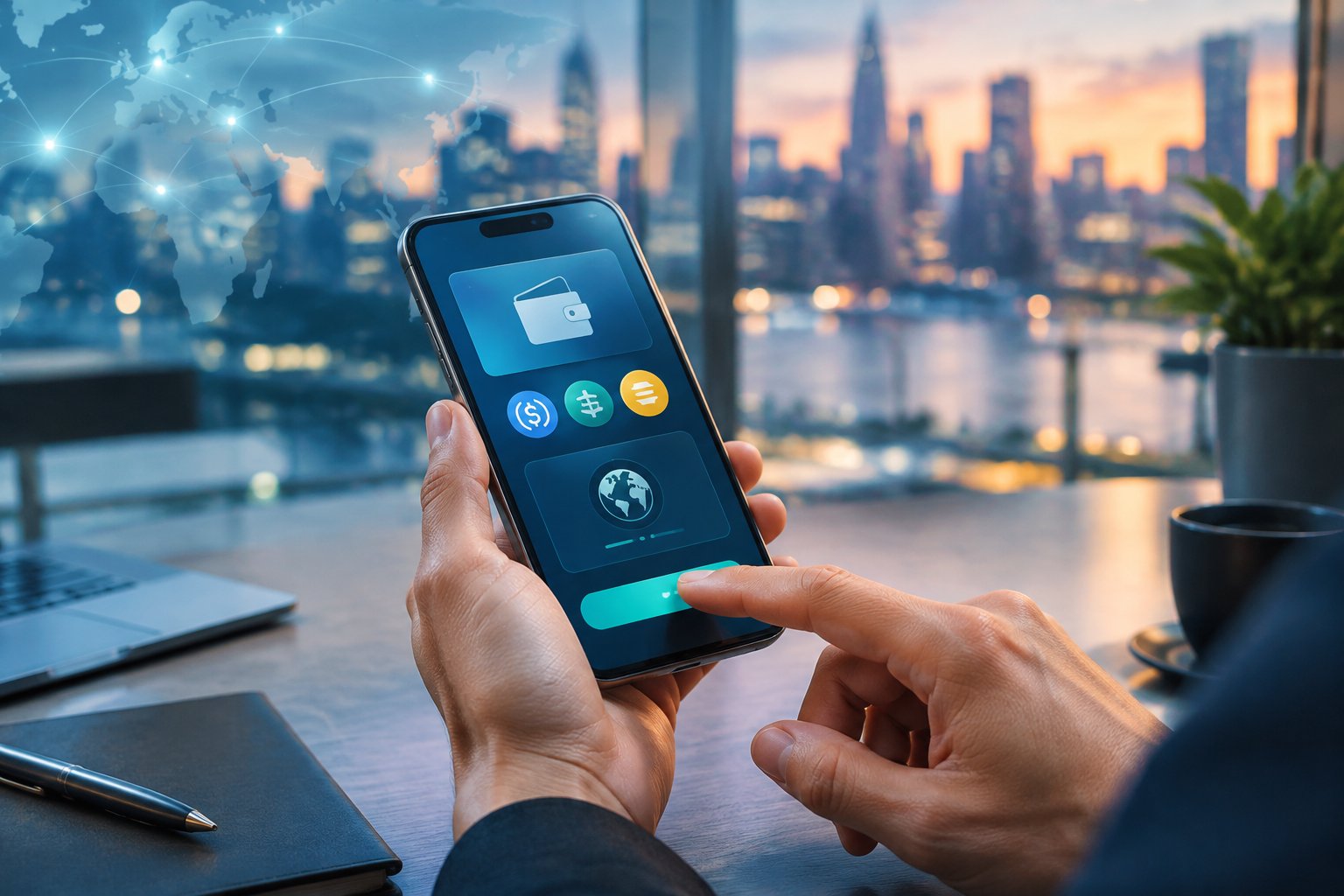 A person uses a smartphone digital wallet in a modern office.