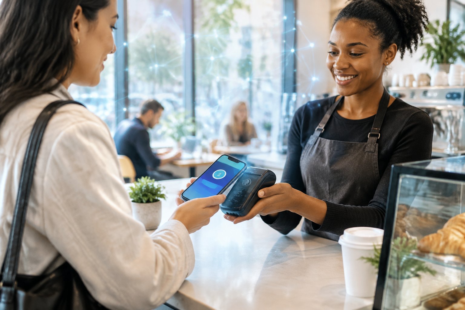 A customer uses a smartphone to make a contactless payment at a café.