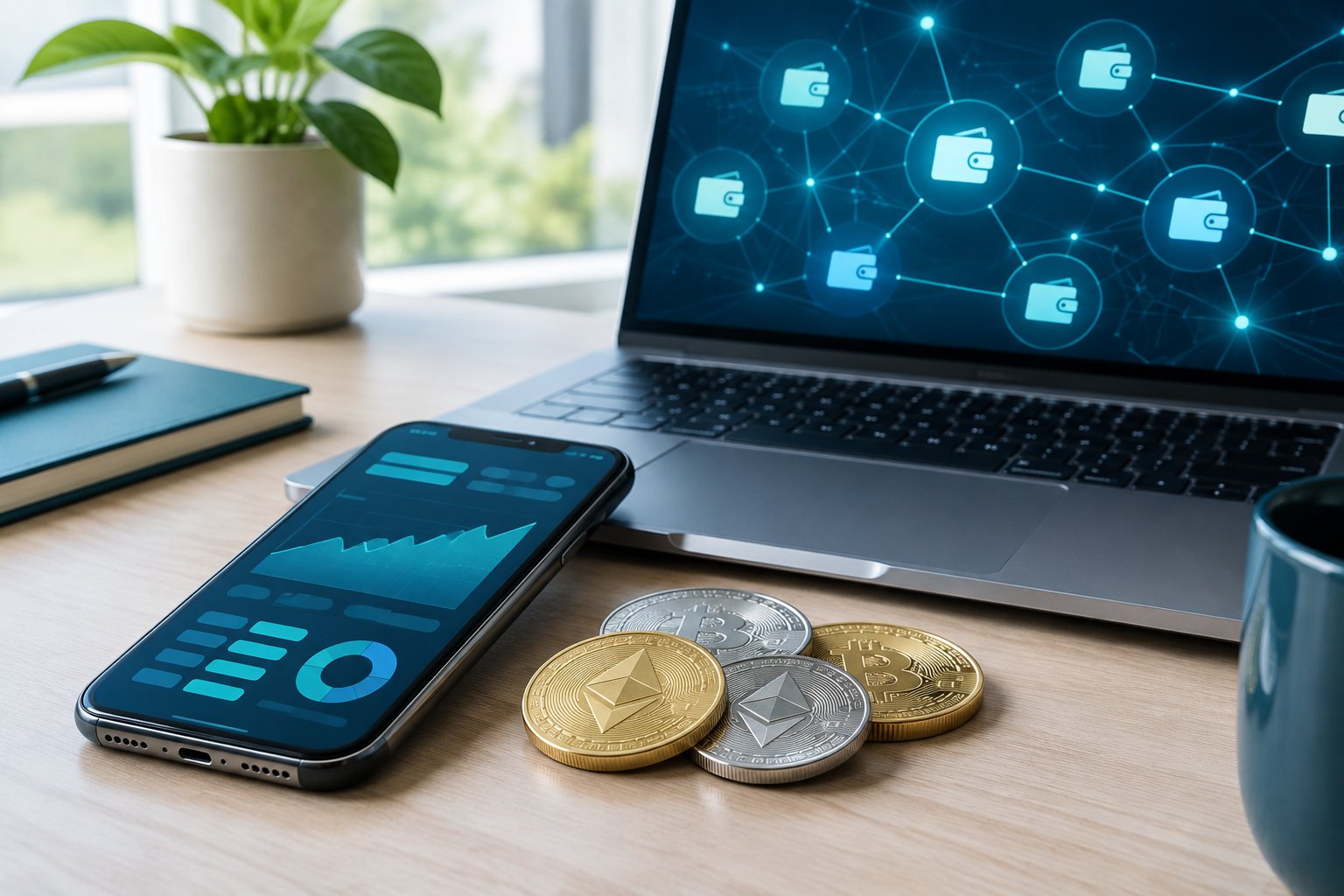 A smartphone and cryptocurrency coins beside a digital network illustration.