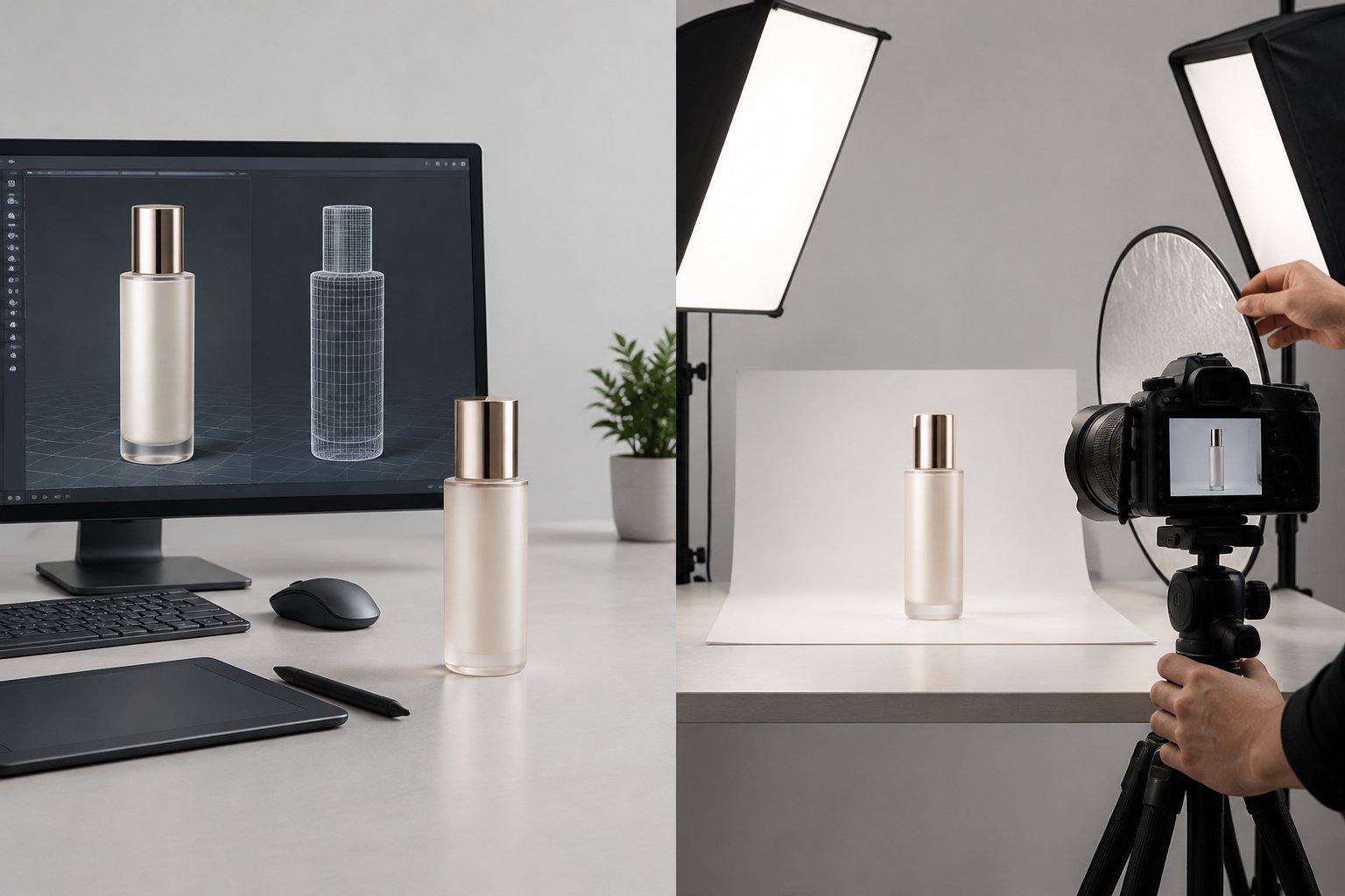 A digital model of a cosmetic bottle and a matching bottle being photographed in a studio.