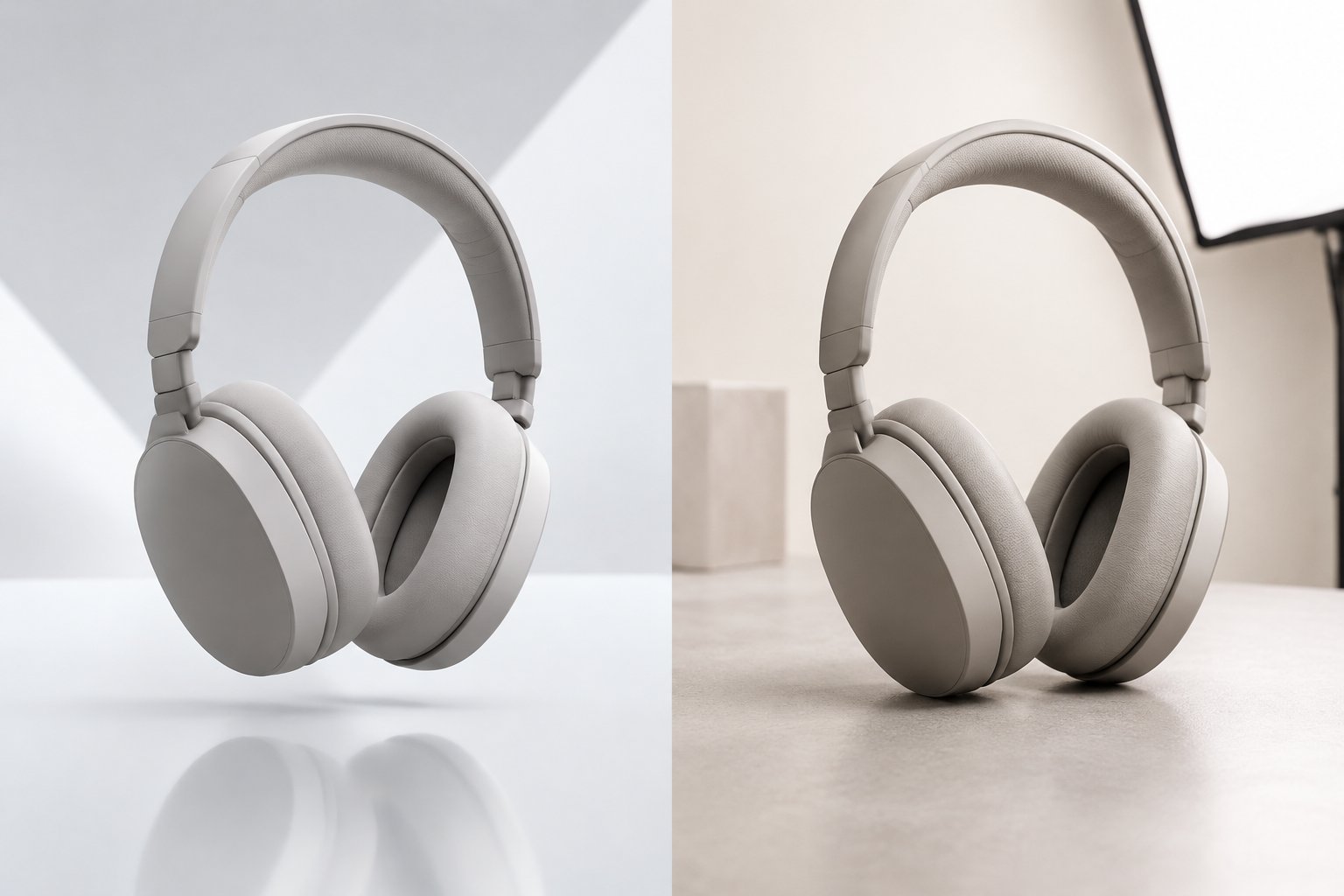 A pair of headphones shown in a rendered studio scene beside a photographed pair on a tabletop.