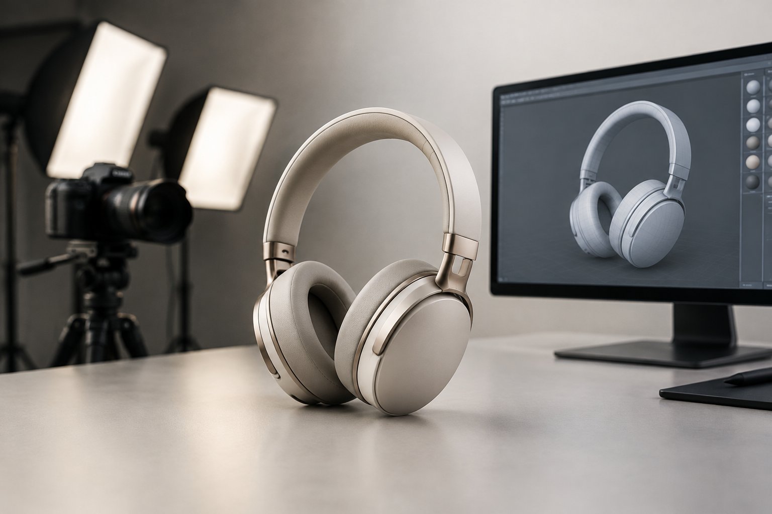 Wireless headphones displayed beside a camera and a monitor showing a 3D model.