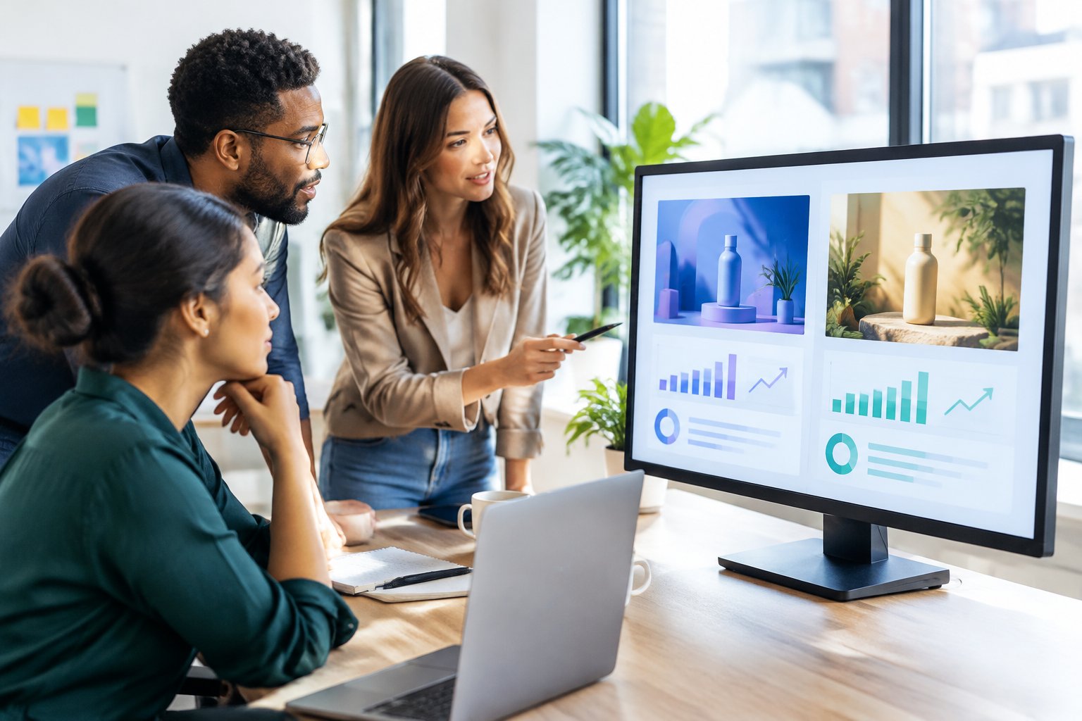 A marketing team compares two advertising concepts while reviewing performance charts on a monitor.