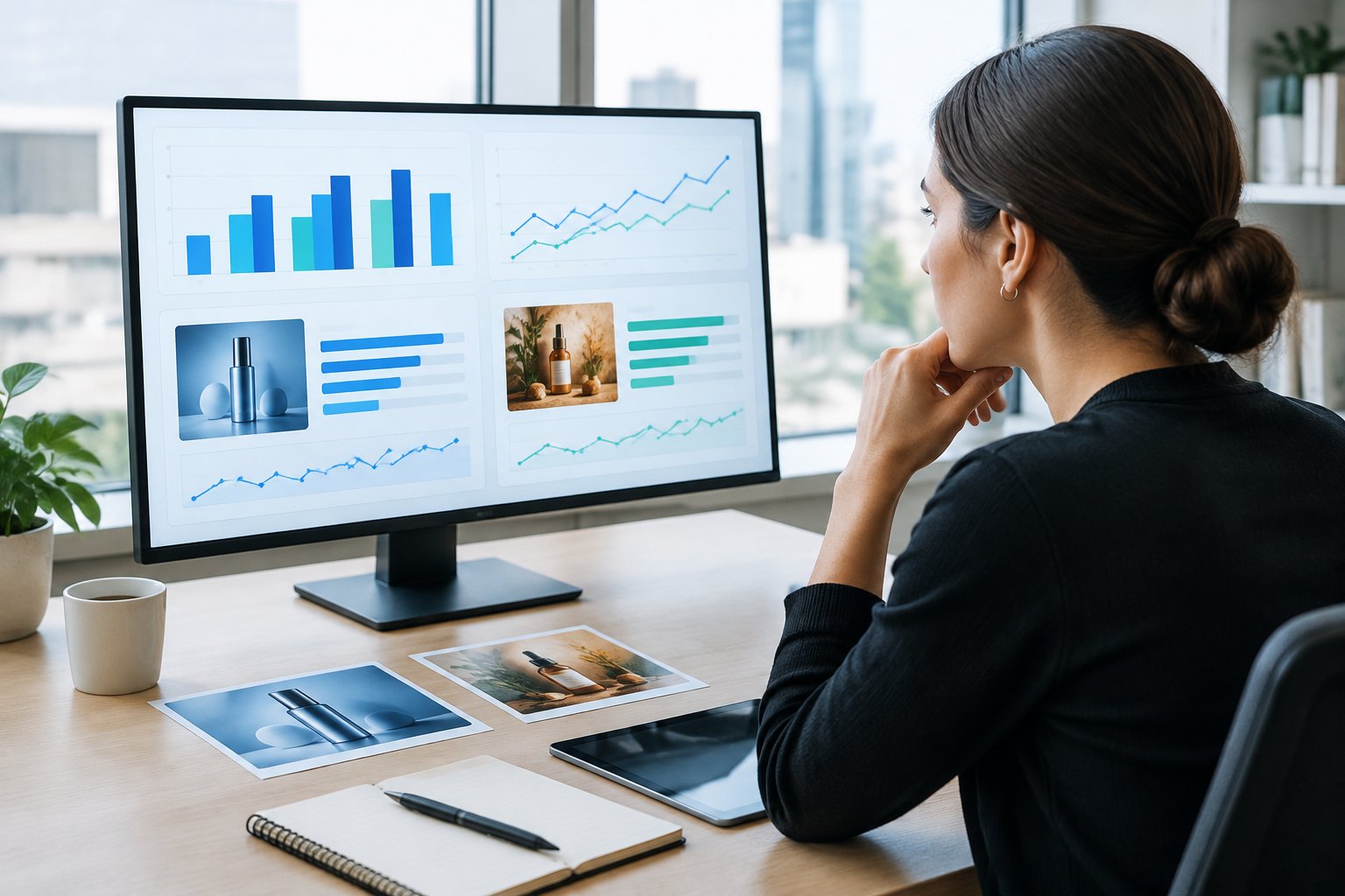 A marketing analyst compares two advertising concepts on a performance dashboard.